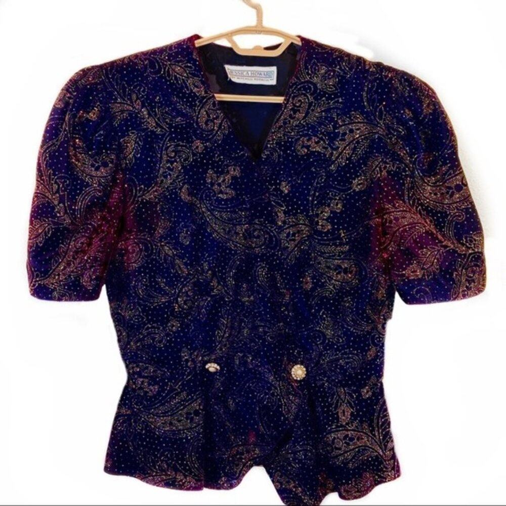 Retro Velvet Glitter Shirt Top Jacket Jessica Howard Vintage Rainbow Sz M to L